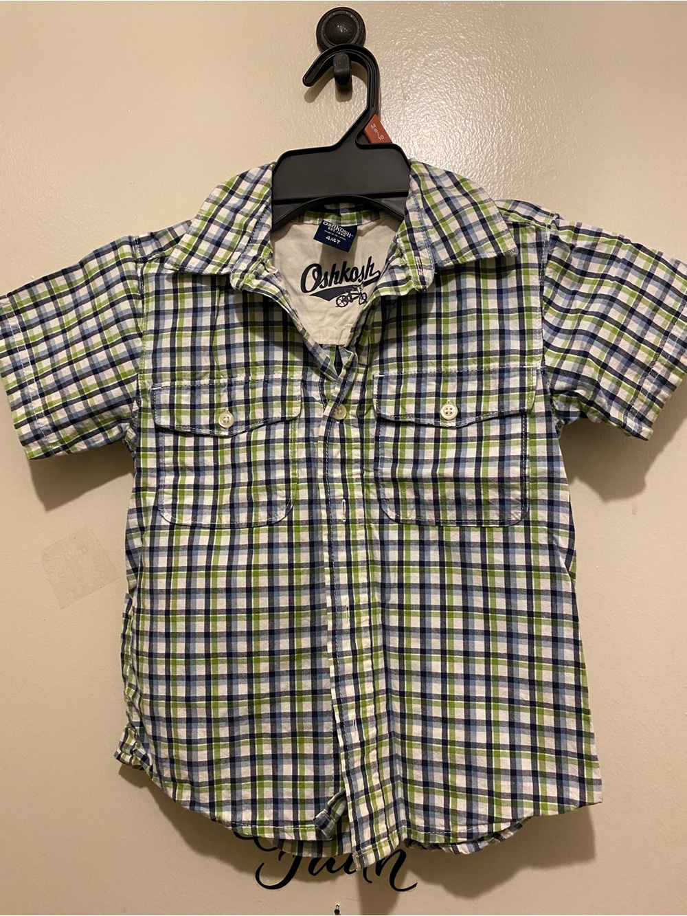 OshKosh B'gosh Boys Green & Blue Plaid Short-Sleeve Shirt - Kids 4T (c)